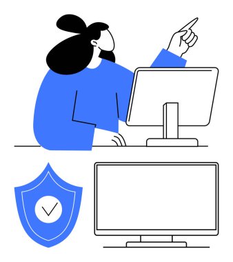 Bilgisayar masasında çalışan bir kadın ileriye bakıyor. İşaretli kalkan güvenliği simgeler. Monitör teknoloji ortamını gösteriyor. Teknoloji, ticaret, bilişim güvenliği, veri gizliliği ve çevrimiçi güvenlik için ideal