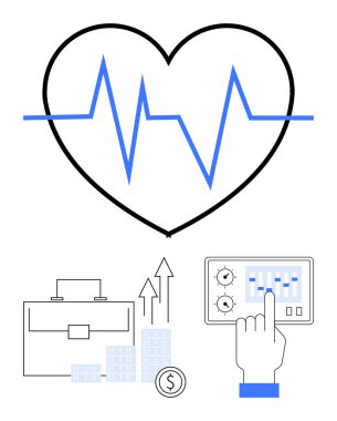 Kalp atışı mavi, kontrol paneli el çantası, bar çizelgeleri, yukarı bakan oklar ve dolar bozuk para. Sağlık izleme, mali büyüme, yatırım sektörü borsası için ideal