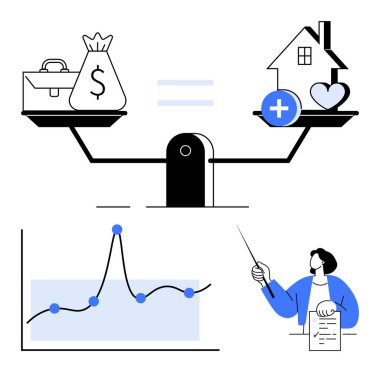 Para ve ev ögeleri ile pullar kağıt işaret eden grafik öğretmeni. Finans, kişisel büyüme, eğitim, iş hayatı dengesi, karar verme, yatırım, koçluk için ideal. Satır metaforu