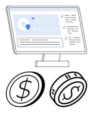 Bilgisayar monitörü para birimini temsil eden iki büyük madeni paranın yanında grafikler ve kontrol işaretleri de içeren finansal verileri gösteriyor. Finans, iş planlaması, bütçe, veri analizi ve muhasebe için ideal