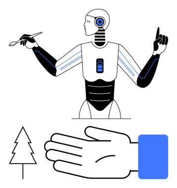 Robotun elinde fırça ve el hareketi, ağaç çizgisi ve mavi kare üzerinde el yazısı. Teknoloji, yenilik, çevre sinerjisi, yapay zeka, gelecekteki robot yardımı için ideal. Çizgi