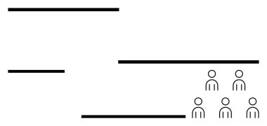 Siyah yatay çizgiler ve sağ alt köşede 5 basit insan figüründen oluşan bir grup. Temalar için ideal organizasyon, planlama, takım yapısı, minimalizm, basitlik, hiyerarşi
