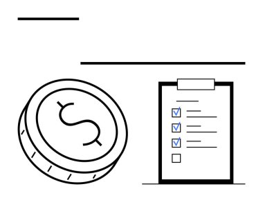 Kontrol listesinin yanında dolar işareti olan bozuk para. Finansal planlama, bütçe, muhasebe, iş stratejisi, tasarruf planı, gider takibi, yatırım hedefleri için ideal. Satır metaforu