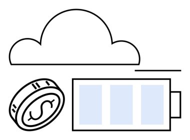 Dolar üstü madeni para ve pil ikonu finans ve enerjide bulut teknolojisi olduğunu gösteriyor. Finans, teknoloji, enerji yönetimi, tasarruflar, bulut hesaplama, yatırımlar, sürdürülebilirlik için ideal