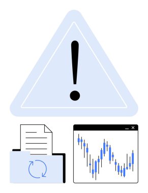 Ünlem işaretli uyarı işareti, geri dönüşüm sembollü belge dizini ve şamdan çizelgesi. Veri yönetimi, güvenlik uyarıları, yedekler, risk yönetimi, mali analiz, bilişim sorunları için ideal