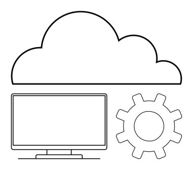 Bilgisayar monitörünün ve teçhizatın üzerindeki büyük bulut. Bulut hesaplama, teknoloji, veri depolama, bilişim çözümleri, sistem entegrasyonu, ağ yönetimi, dijital dönüşüm için ideal. Satır metaforu