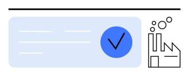 Minimalist bir fabrika binasının yanında baloncuklu bir dairenin içinde büyük mavi işaret var. Sertifika, imalat, doğrulama, kalite kontrol, endüstriyel süreçler ve onaylar için ideal