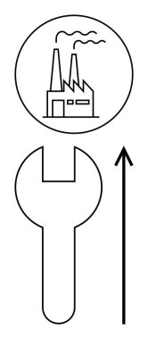 Factory with chimneys line drawing above a large wrench and upward arrow. Ideal for manufacturing, innovation, productivity, industrial growth, engineering, technology, strategy. Line metaphor clipart