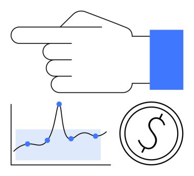İşaret parmağı ile işaret eden bir el ve daire içinde para birimi sembolü. İş, finans, analiz, ekonomi, veri yorumlaması, yatırımlar, borsa için idealdir. Çizgi
