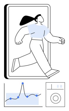 Akıllı telefon ekranında çizgiler ve veri işaretleri dairesel simgelerle koşan bir kadın. Sağlık, teknoloji, veri analizi, fitness, yaşam tarzı, yenilik, mobil uygulamalar için idealdir. Satır metaforu