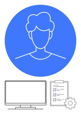 Mavi dairenin içinde bilgisayar monitörü, kontrol listesi ve teçhizatlı stilize edilmiş insan profili. Kullanıcı profilleri, hesap ayarları, üretkenlik uygulamaları, proje yönetimi, iş stratejisi, çevrimiçi için ideal