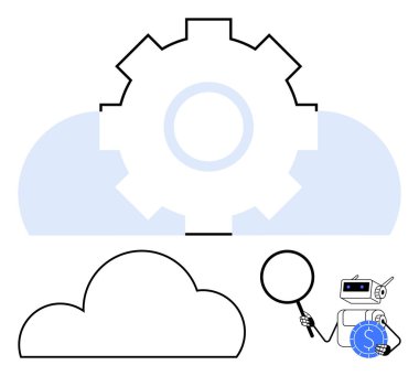 Robot with magnifying glass examines cloud data. Gear mechanism above symbolizes technology. Ideal for AI, technology, data analysis, cloud computing, automation, research innovation. Line metaphor clipart