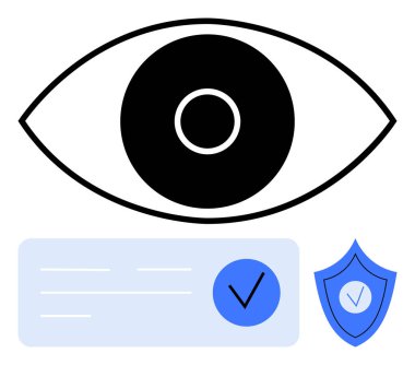 Merkezi siyah beyaz gözbebeği, mavi işaretli daire ve işaretli mavi kalkan. Siber güvenlik, gizlilik, kimlik doğrulama, güven, güvenlik, doğrulama, izleme için ideal