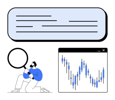Depoyu büyüteçle inceleyen adam notlar için mesaj baloncuğuna eşlik ediyor. Finansal analiz, araştırma, veri çalışması, eğitim, ekonomi ve ticaret sunumları için ideal. Satır metaforu