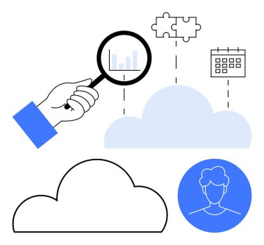 Büyüteç, bulut, bulmaca parçaları, takvim ve kullanıcı avatarına odaklanıyor. Bulut depolama, veri analizi, çevrimiçi işbirliği, görev yönetimi, kullanıcı profilleri teknolojisi için ideal