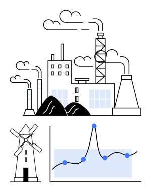 Mavi noktalı fabrika gökyüzü çizgisi yel değirmeni grafiği. Endüstri, enerji, teknoloji, ilerleme, sürdürülebilirlik, analitik ve evrim için ideal. Satır metaforu