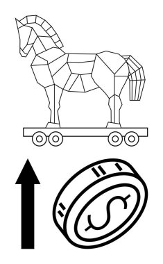Truva Atı ve bozuk para dolar işareti sağ altta yukarı doğru ok ile. Büyüme, siber güvenlik, finans, yatırım, strateji, zenginlik yönetimi, ekonomi için idealdir. Satır metaforu