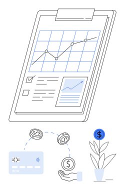 Büyüme grafikli pano ve rapor. El ele tutuşan madeni paralar, işlem başlatan kredi kartı ve dolar işaretli yatırım tesisi. Finans, iş büyümesi ve yatırım stratejileri için ideal