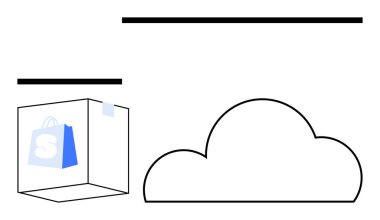 Alışveriş poşeti grafikli, yüzen dikdörtgen şekilli ve büyük bulut hatlı bir e-ticaret platformu simgesi. Çevrimiçi mağazalar, bulut depolama, perakende uygulamaları, e-ticaret, dijital platformlar, web için ideal