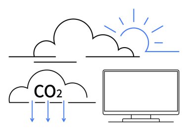 Bulutlar veriyi, CO2 salınımını ve bilgisayar ekranlı güneş ışığını sembolize ediyor. Teknoloji, çevre, sürdürülebilirlik, hava durumu, hava kalitesi enerjisi ve gelecekteki yenilik temaları için idealdir. Satır metaforu