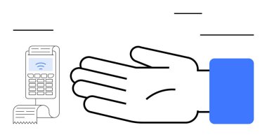 El, para transferini sembolize eden bir ödeme terminaline uzanıyor. Finans, teknoloji, dijital ödemeler, e-ticaret, perakende, alım satım, yenilik için ideal. Satır metaforu