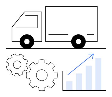 Kamyon sürüşü, iki vites değiştirme, yukarı doğru oklu ölçü grafiği artış gösteriyor. Lojistik, ulaşım, büyüme, iş verimliliği, verimlilik otomasyonu için ideal. Satır metaforu