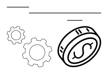 Dişliler büyük bir madeni paranın yanında dönüyor ve çizgiler hareketi işaret ediyor. Mali planlama, yatırım, mekanik süreçler, iş büyümesi, tasarruf, otomasyon ve ekonomik stratejiler için ideal