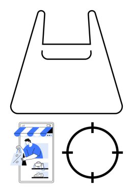 Alışveriş çantası taslağı, akıllı telefon çevrimiçi mağaza görüntüleme, insan alışverişi ve hedef pazarlamayı temsil eden hedef simge. E-ticaret, perakende, dijital pazarlama, reklam ve tüketici için ideal
