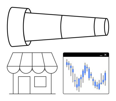 Teleskop, mağaza önü ve borsa grafiği iş vizyonunu, pazar eğilimlerini ve girişim büyümesini gösteriyor. İş stratejisi, ekonomik analiz, mali planlama, girişimcilik için ideal