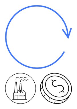 Saat yönünde mavi dairesel ok, duman çıkaran fabrika binası, dolar işareti olan bozuk para. Ekonomi, endüstri, finans döngüsü, iş büyümesi, imalat ve yatırımlar için ideal