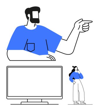 Küçük kadın boş bir bilgisayar ekranının önünde düşünürken mavi gömlekli dev adam işaret ediyor. Takım çalışması, rehberlik, karar verme, liderlik, beyin fırtınası, problem çözme, akıl hocalığı için ideal.