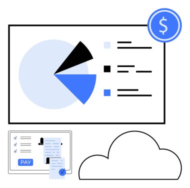 Üzerinde ödeme düğmesi depolama sembolü olan etiketli bölüm faturaları olan mavi ve siyah pasta grafiği. Finans, muhasebe, bulut hizmetleri, veri analizi, mali planlama, iş çözümleri için ideal