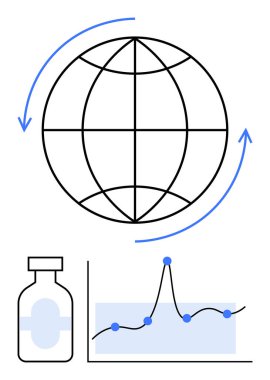 Oklu ilaç şişesi olan dünya, mavi noktalı grafik küresel sağlık eğilimlerini ve veri analizini vurguluyor. Sağlık, araştırma, yenilik, analitik, ilaç, veri bilimi, küresel