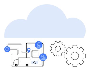 Dişliler ve bulut sembolü ile çevrili dijital tablet üzerinde yol ayrımında seyir halindeki bir teslimat kamyonu. İkmal zinciri, lojistik, bulut depolama, teknoloji, imalat, zaman verimliliği için ideal