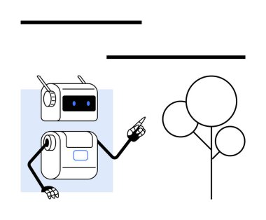 Antenleri minimalist soyut bir ağacı ve iki yatay çizgiyi gösteren bir robot. Teknoloji, çevre, yapay zeka entegrasyonu, robotik, eğitim, fütüristik temalar, yenilik kavramları için ideal