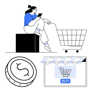Alışveriş arabasının yanındaki akıllı telefonlara, büyük para birimlerine ve Buy düğmesi olan internet mağazalarına bakan bir kadın. E-ticaret, çevrimiçi alışveriş, dijital pazarlama, finansal okur-yazarlık, perakende teknolojisi için ideal