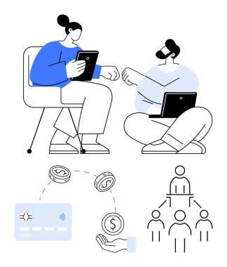 İki kişi elektronik cihazlarla mali konuları tartışıyor. Kredi kartlarını, parasal sembolleri ve organizasyon şemasını gösteriyor. Tartışmalar için ideal, finans planları, e-ticaret, iş