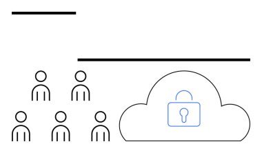 Basitleştirilmiş insan sembolleri ve kilitli bulut simgesi veri güvenliği, grup işbirliği, mahremiyet ve dijital korumayı vurguluyor. Takım çalışması, bulut depolama, erişim kontrolü, çevrimiçi güvenlik için ideal