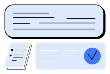 Form with text lines, a stack of papers with bullet points, a checkbox with a blue checkmark. Ideal for to-do lists, management, tasks, organization, productivity documentation workflow. Line clipart