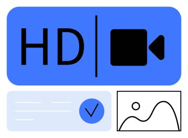 HD video icon next to checkmark, text, and image placeholder. Ideal for video production, multimedia projects, streaming services, digital content, graphic design certification themes. Line metaphor clipart