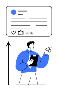 Elinde yukarıya bakan bir belge tutan bir iş adamı. Başparmakları ve yorumları olan sosyal medya paylaşımı. Ticari büyüme, sosyal katılım, başarı, strateji, dijital varlık, içerik temaları için ideal