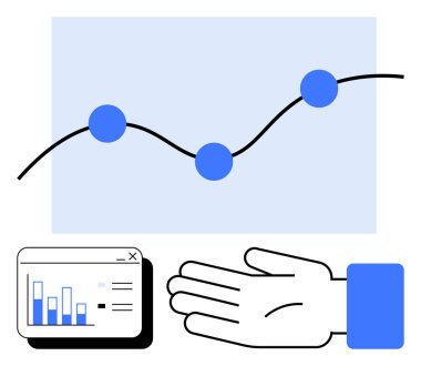 Mavi düğümlü bir grafik, web sayfasında bir bar çizelgesi ve uzatılmış bir el. İş, yönetim, finans, veri analizi, takım çalışması büyüme görselleştirme sorumluluğu için idealdir. Satır metaforu