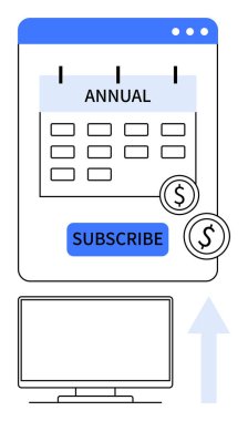 Web arayüzü para birimi simgeleri ve abonelik düğmesi içeren yıllık bir abonelik takvimini gösteriyor. Masaüstü bilgisayarı ve yukarı doğru ok içerir. Üyelik hizmetleri, e-ticaret, dijital için ideal