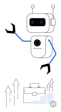 Mekanik kolları yukarı bakan oklar, evrak çantası, istiflenmiş tablolar ve dolar işaretini gösteren robot. Teknoloji, yenilik, iş büyümesi, yatırım, finansal planlama otomasyonu için ideal