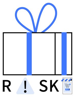 Large gift box with blue ribbon, triangle with exclamation mark, letters R and SK, and smartphone depicting shopping cart and BUY button. Ideal for online shopping, e-commerce, consumer awareness clipart