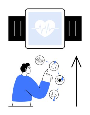 Kalp atışı simgesini gösteren, beyin, göz, burun, ağız ve dili temsil eden simgelerle etkileşime giren kişi. Sağlık, sağlık, teknoloji tıbbi uygunluk izleme ve kullanıcı için ideal