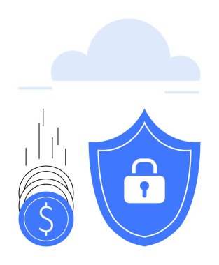 Coins dropping next to a locked shield under a cloud. Ideal for online banking, cybersecurity, data protection, finance, encryption, secure transactions, digital safety. Line metaphor clipart