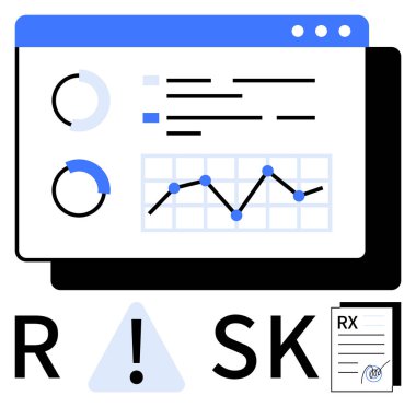 Data visualization dashboard with circular and bar charts, line graph, highlighted RISK text, and prescription chart. Ideal for risk assessment, financial forecasting, healthcare, business analytics clipart