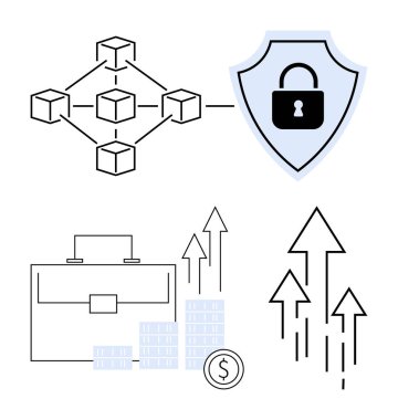 Birbirine bağlı engeller, kilitli bir güvenlik kalkanı, bir iş çantası, yığınla bozuk para ve yükselen oklar. Finans, güvenlik, büyüme, teknoloji yatırımı için ideal
