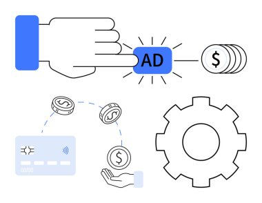 Dijital reklam, ödeme işlemleri, çevrimiçi işlemler, iş otomasyonu, finansal hizmetler ve teknolojiyi sembolize eden el sıkışma düğmesi, madeni paralar, ödeme kartı ve teçhizat. İdeal